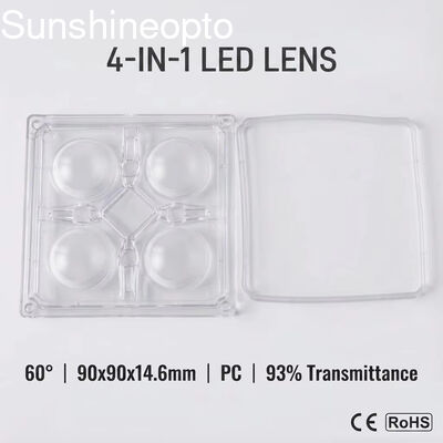 Soczewka optyczna LED PC o wymiarach 90 × 90 mm i kącie rozsyłu światła 60° do przemysłowych lamp typu High Bay